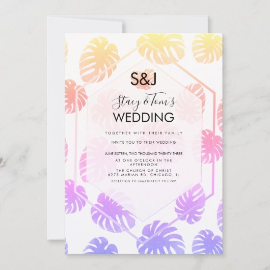 Colorful Monstera Hand Drawn Botany Wedding Kaart (Voorkant)