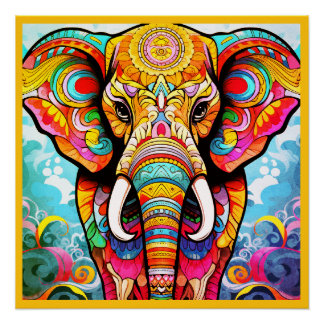 Colorful Mosaic Elephant on a Glossy Wall Poster Perfect Poster