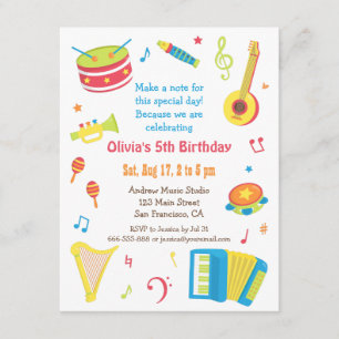Colorful Music Instruments Kids Birthday Party Kaart