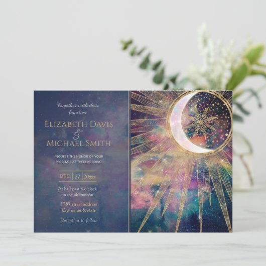 Colorful Nebula Gold Doodles Sun Moon Mandala Kaart (Staand voorkant)