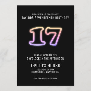 Colorful Neon Sign 17th Trendy Birthday Party Kaart