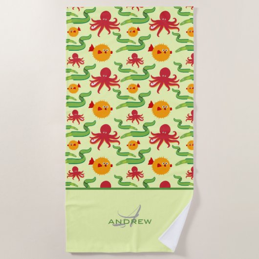 Colorful Ocean Creatings Monogrammed Pattern Strandlaken (Voorkant)
