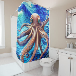 Colorful Octopus Blue Ocean Wave Realism Douchegordijn
