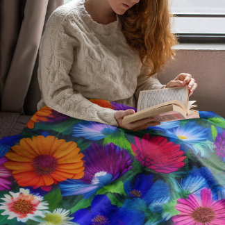Colorful Oranje Blue and Red Flowers Fleece Deken