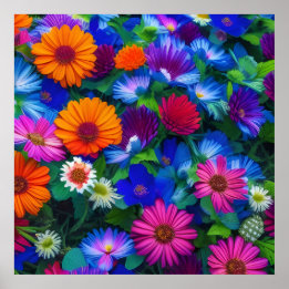 Colorful Oranje Blue and Red Flowers Poster