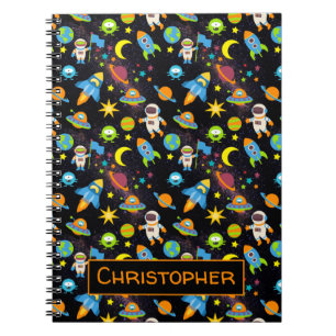 Colorful Outer Space Astronaut Rockets Black Notitieboek