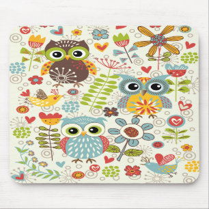 Colorful Owls and Flowers Happy Mousepad Muismat