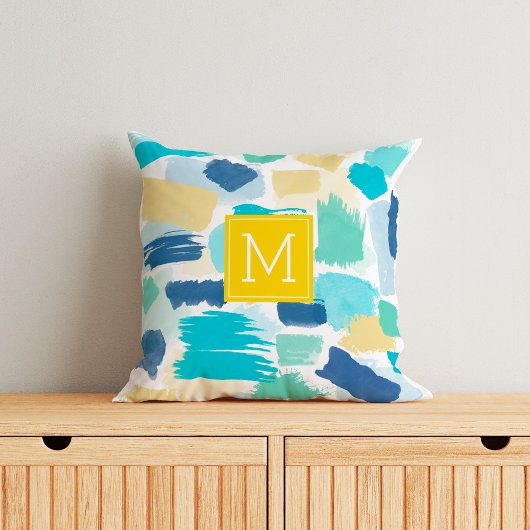 Colorful Paint Strokes and Yellow Monogram Kussen