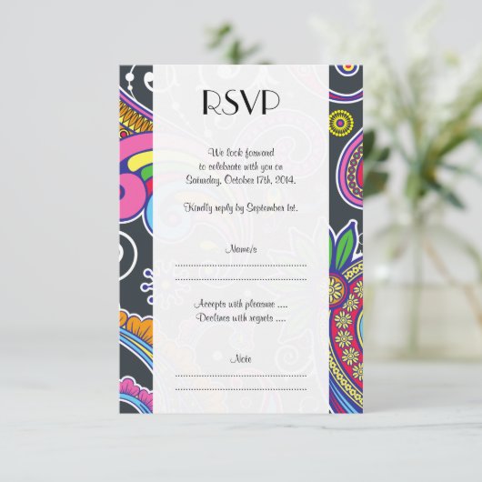 Colorful Paisley, Paisley Pattern, Wedding RSVP Kaartje (Staand voorkant)