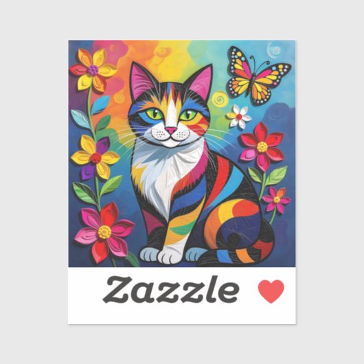 Colorful Paper Cat, Flowers and Butterflies Sticker (Vel)