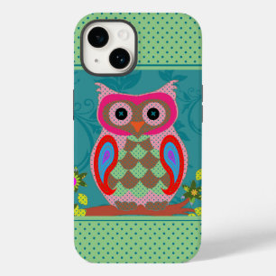 Colorful Patchwork Folk Art Owl and Stippen Case-Mate iPhone 14 Hoesje