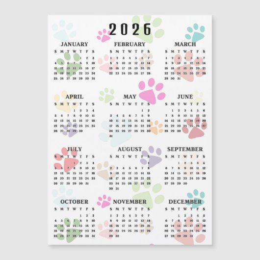 Colorful Paw Prints 2026 Calendar Magnetic Card (Voorkant)