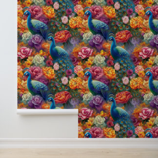 Colorful Peacock and Peony Behang