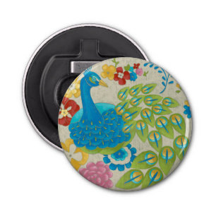 Colorful Peacock en Flowers Button Flesopener