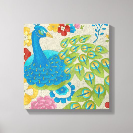 Colorful Peacock en Flowers Canvas Afdruk (Voorkant)