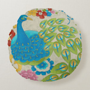 Colorful Peacock en Flowers Rond Kussen
