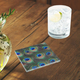 Colorful Peacock Feather Eyespot Pattern Glazen Onderzetter