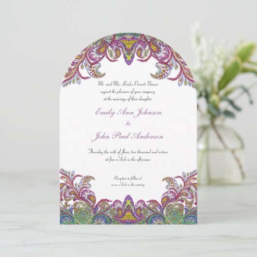 Colorful Peacock Paisley Damask Wedding Kaart (Staand voorkant)