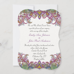 Colorful  Peacock Paisley Damask Wedding Kaart