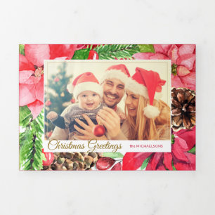 Colorful Pink Poinsettias en Pine Photo Drieluik Wenskaart