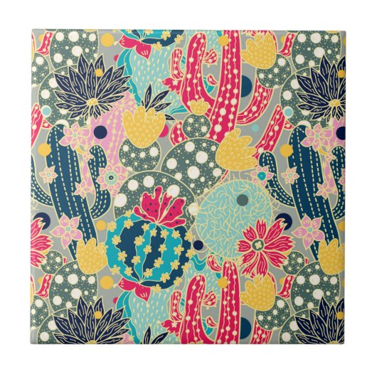 Colorful Polka Dot Cactus Pattern Tegeltje (Voorkant)