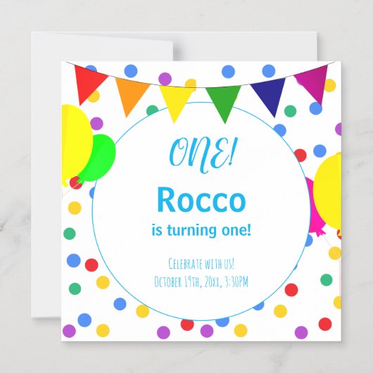 Colorful Polka Dots and Balloons 1st Birthday Kids Magnetische Uitnodiging (Voorkant)