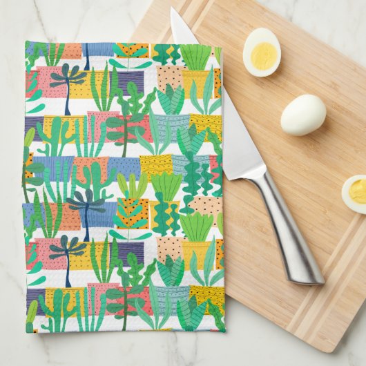 Colorful Pots and Cactus Pattern Theedoek (Quarter Fold)