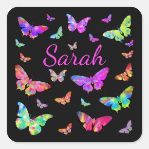 Colorful Psychedelic Butterfly Art Sarah Voeg naam Vierkante Sticker