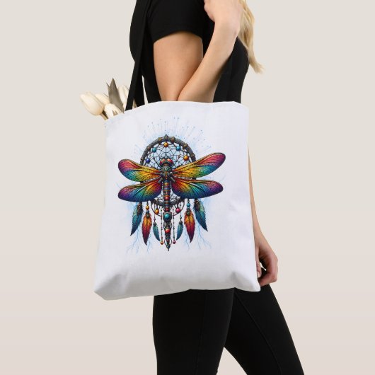 Colorful Psychedelic Dragonfly Dreamcatcher Boho Draagtas (Dichtbij)