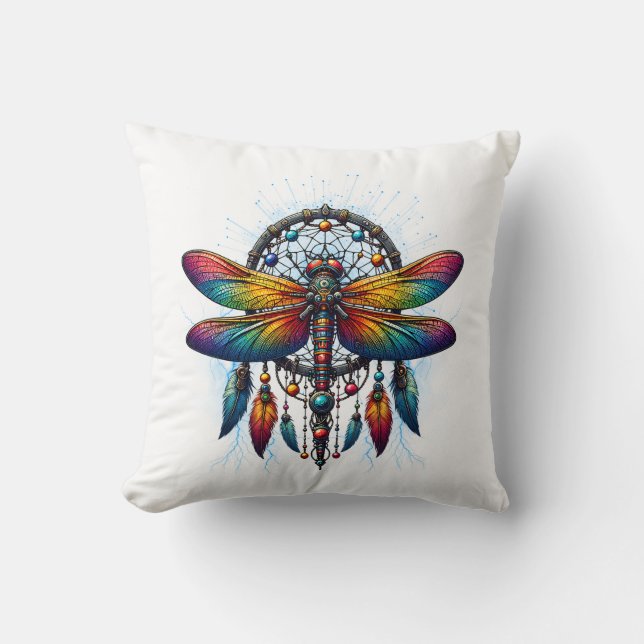 Colorful Psychedelic Dragonfly Dreamcatcher Boho Kussen (Voorkant)