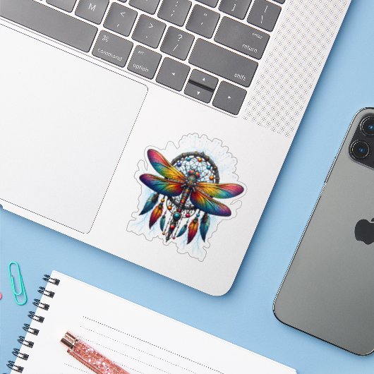 Colorful Psychedelic Dragonfly Dreamcatcher Boho Sticker (Laptop met iPhone)