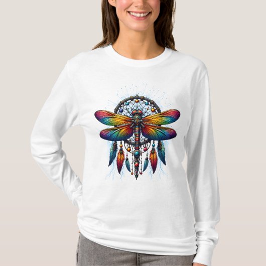 Colorful Psychedelic Dragonfly Dreamcatcher Boho T-shirt (Voorkant)