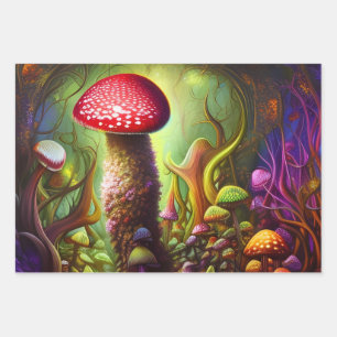 Colorful Psychedelic Mushroom Mystical Forest Inpakpapier Vel