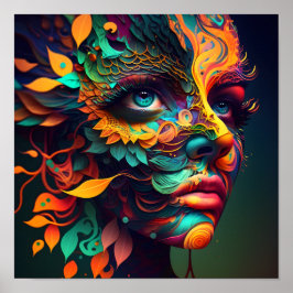 Colorful Psychedelic Vrouw Face AI Generated art Poster