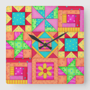 Colorful Quilt Patchwork Block Art Vierkante Klok