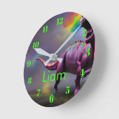 Colorful Rainbow Dinosaur Neon Personalized  Ronde Klok (Hoek)