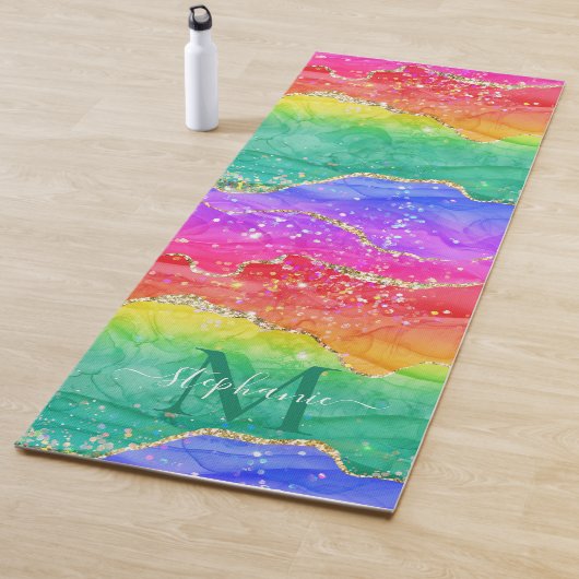 Colorful Rainbow Glitter Gold Agate Monogram Yogamat (In situ)
