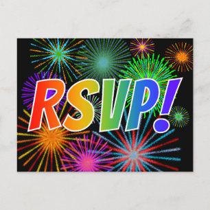 Colorful Rainbow Letters "RSVP!", Fireworks Patter Briefkaart