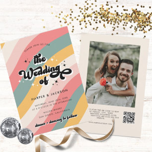 Colorful Retro 70s QR Code Wedding Kaart