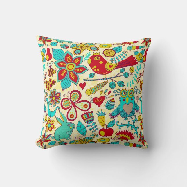 Colorful Retro Birds Flowers & Bunny Rabbit Kussen (Voorkant)
