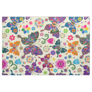 Colorful Retro Butterflies & Flowers Patroon Stof