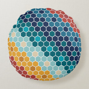 Colorful Retro Floral Mosaic Hexagon Pattern Rond Kussen