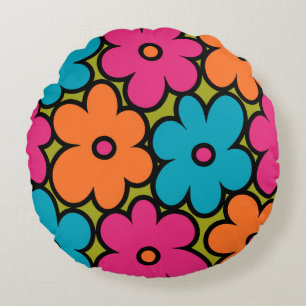 Colorful Retro Floral Pattern Rond Kussen