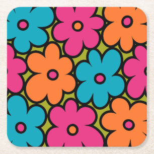 Colorful Retro Floral Pattern Vierkante Kartonnen Onderzetter