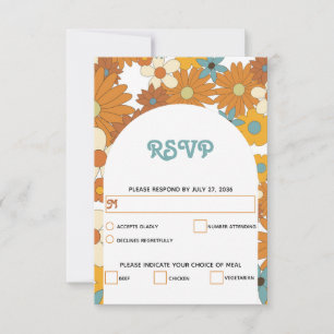 Colorful Retro Flowers 60's 70's Arch Wedding RSVP Kaartje
