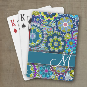 Colorful Retro Flowers met Monogram Speelkaarten