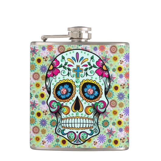 Colorful Retro Flowers Skull Heupfles (Voorkant)