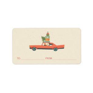 Colorful Retro Kerstfeestwagen Etiket