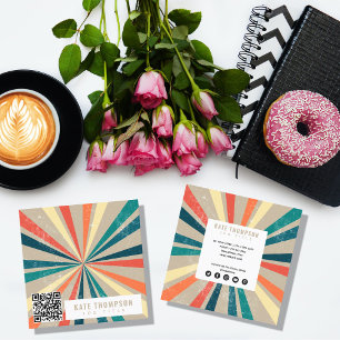 Colorful Retro Rainbow Sunburst QR Code Vierkante Visitekaartje