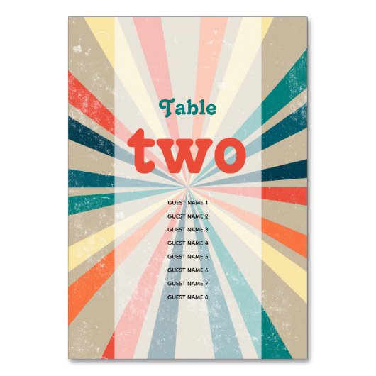 Colorful Retro Sunburst Weduwingstabel Number Kaart (Voorkant)